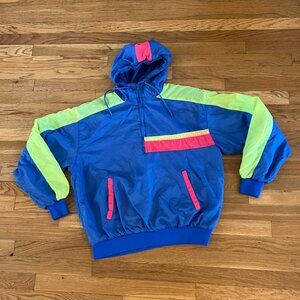 80s Neon Blue Colorblock Nylon Sweatshirt Lined Hoodie Pullover Jacket - Large